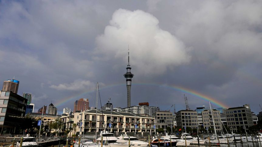 A rainbow appears on the Auckland skyline